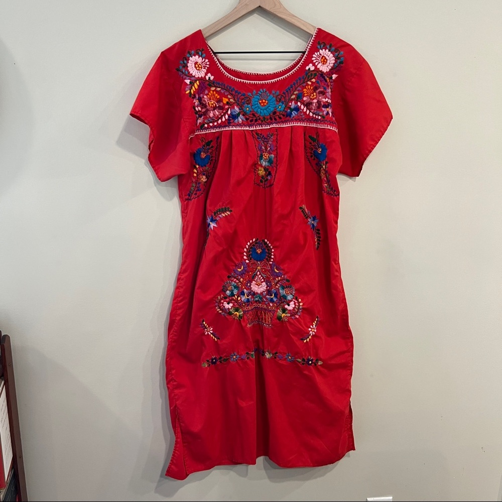 Traditional Multicolor Embroidered Red Cotton Dress Halloween